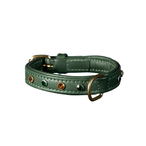 Collare in pelle verde per Chihuahua con cristalli emerald e light topaz