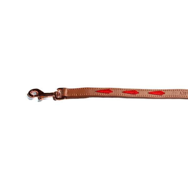 Guinzaglio in pelle beige con foglie rosse ricamate